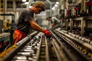 A man in a shirt and orange pants diligently working on a busy conveyor in a factory setting