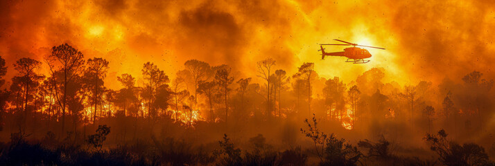 A helicopter flies over a forest fire