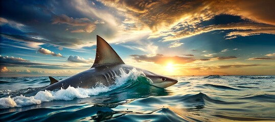 A shark is coming out from ocean showing its fin with sunset background - Powered by Adobe