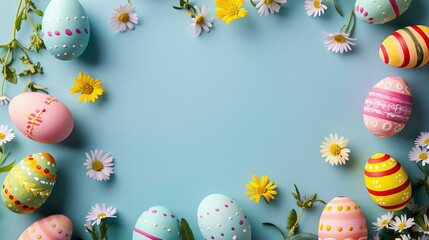 Fototapeta na wymiar Easter eggs card. Colourful background with Easter eggs on blue background. Happy Easter concept. Can be used as poster, background, holiday card. 