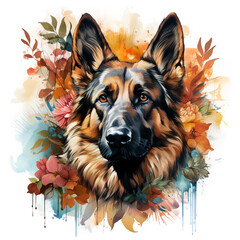 Image of a german shepherd dog head with colorful tropical flowers on white background. Pet. Animals.