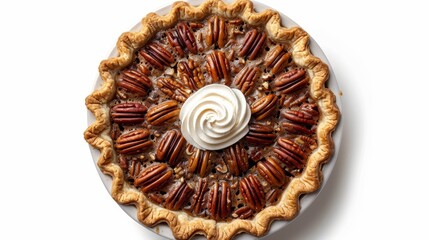 Delectable top view of Pecan Pie, showcasing its rich filling of pecans, sugar, eggs, and butter, served with a dollop of whipped cream, isolated background