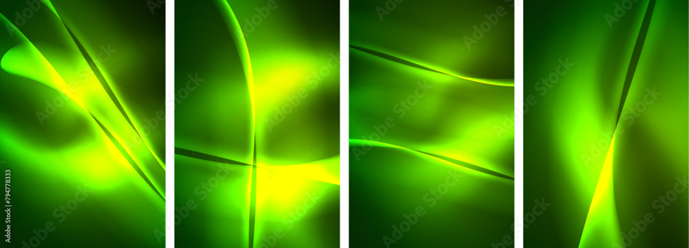 Poster four neon green banners featuring glowing waves on a dark background, created in a symmetrical patte