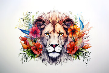 Image of a lion head with colorful tropical flowers on white background. Wildlife Animals.