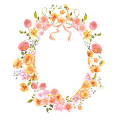 Vintage frame with watercolor hand draw flowers and leaves, peachy color, crest frame for wedding invitations. Isolated on transparent background