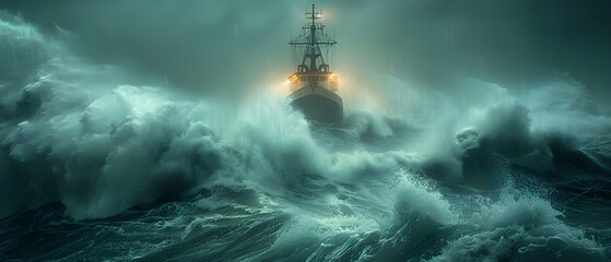 Navigating through a fierce storm: A ship battles turbulent waves at sea. Concept Ship at Sea, Stormy Weather, Turbulent Waves, Courage and Resilience, Navigating the Storm - obrazy, fototapety, plakaty