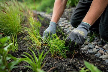 A man wearing gloves is diligently weeding a field in a rural setting