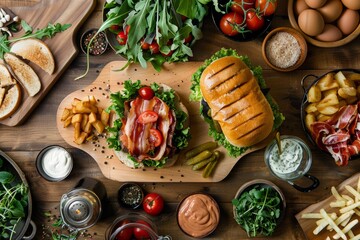 A wooden table showcasing a wide array of food items, including a BLT sandwich, various...