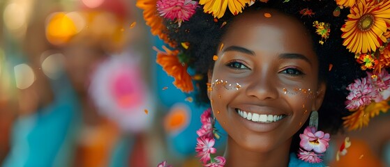 Black woman participates in Yemanja festival on February nd by throwing flowers in Brazil. Concept Cultural Celebration, Yemanja Festival, Brazilian Tradition, Black Woman, Flower Throwing,