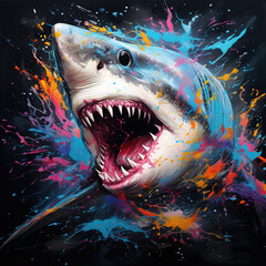 Shark with sharp teeth on black background. Undersea animals. Illustration, Generative AI.