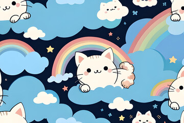 Cute white cats seamless pattern, little kitty on rainbow and clouds. Girlish print for textiles, packaging, fabrics, wallpapers
