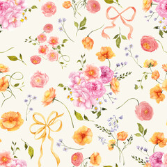 Seamless pattern with watercolor hand draw flowers and leaves. Floral in color of peach. Wedding invitation, card, posters, isolated on colored background