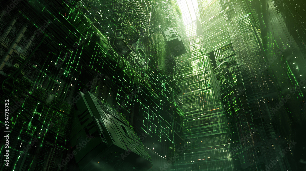 Poster a digital matrix, where cascading streams of green code intertwine and converge in a mesmerizing dis