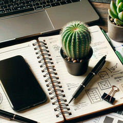a green cactus placed on a working notebook