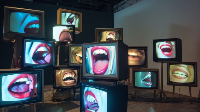 Multiple classic televisions stacked unevenly, each screen portraying an image of a screaming mouth, symbolizing media influence