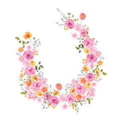 Watercolor hand draw peachy wreath, peach fuzz color, soft flowers, delicate floral, isolated on transparent dackground