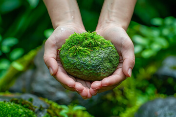 Woman Holding Green Moss-Covered Stone in a Lush Forest