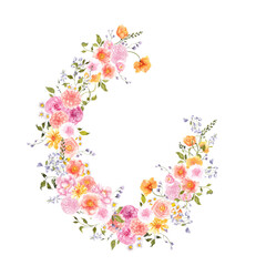 Watercolor hand draw peachy wreath, peach fuzz color, soft flowers, delicate floral, isolated on transparent dackground