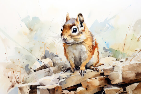 Watercolor painting of chipmunk on a clean background. Wildlife Animals. Illustration, Generative AI.