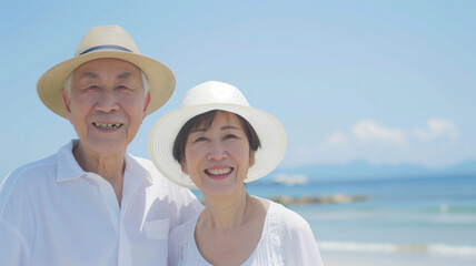 ビーチで微笑む日本人のシニア夫婦