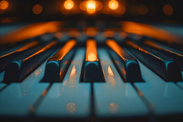 Mysterious Dusk Glow on Detailed Piano Keys with Bokeh Lights