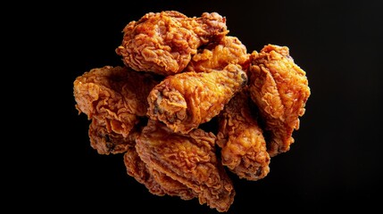 Appetizing image of seasoned fried chicken, crispy and golden, viewed from above, ideal for culinary ads, on a clean isolated background