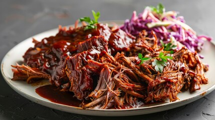 Fototapeta premium Appetizing image of pulled pork, slow-cooked and tender, drenched in barbecue sauce, elegantly served with coleslaw on the side, isolated background