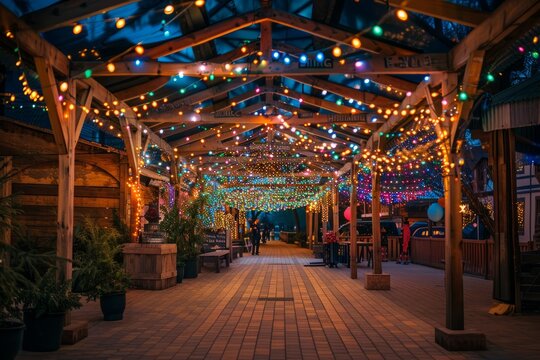 A walkway adorned with abundant lights and potted plants creating a vibrant and inviting atmosphere