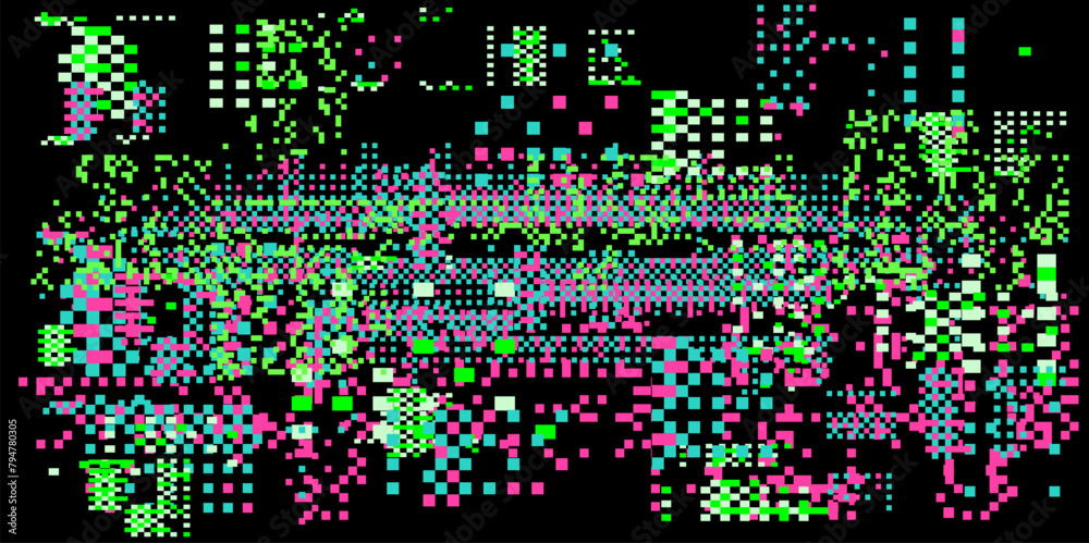 Aufkleber Bright neon glitchy background. Concept vector illustration of a broken program code or malware attack. 