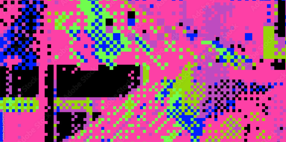 Poster Bright neon glitchy background. Concept vector illustration of a broken program code or malware attack. 