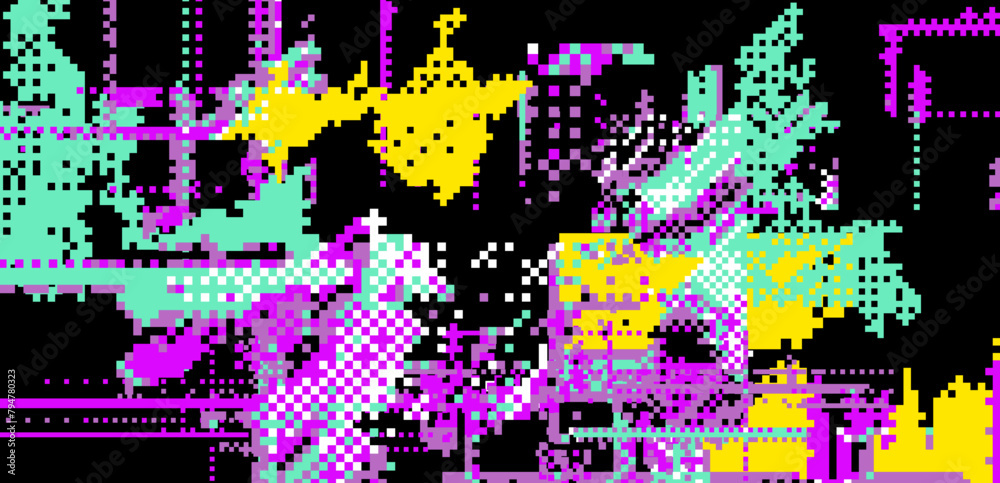 Aufkleber Bright neon glitchy background. Concept vector illustration of a broken program code or malware attack. 