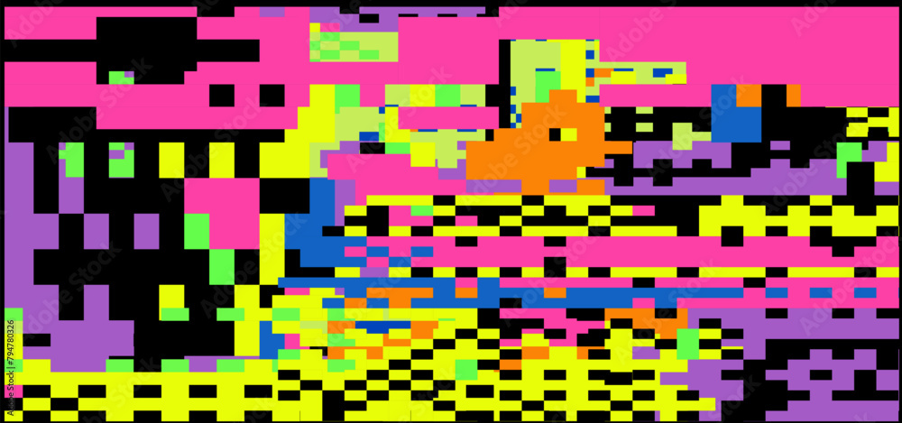 Poster Bright neon glitchy background. Concept vector illustration of a broken program code or malware attack. 
