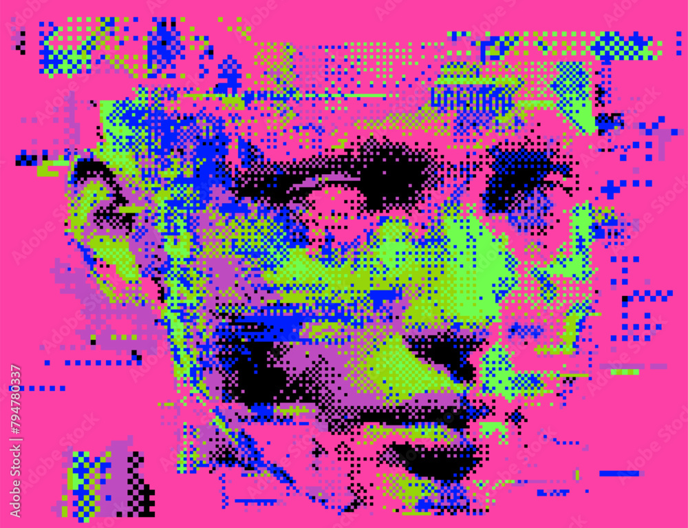 Poster glitched and pixelated silhouette of a 3d human head on a dark background. conceptual vector illustr