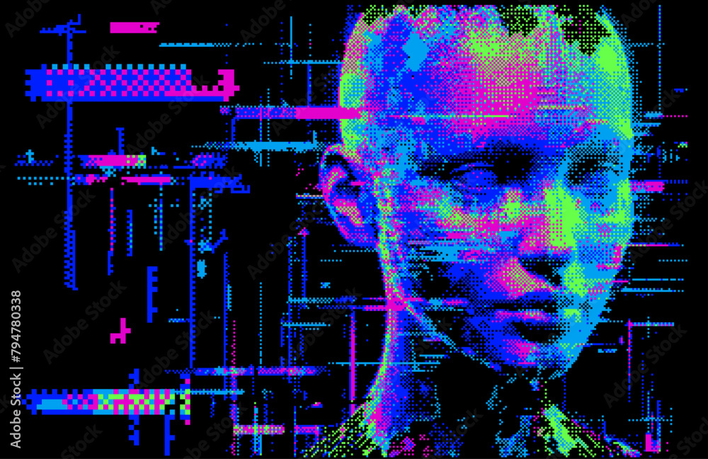 Poster glitched and pixelated silhouette of a 3d human head on a dark background. conceptual vector illustr