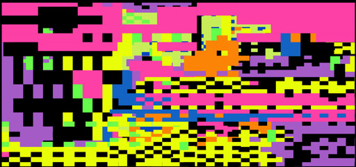 Bright neon glitchy background. Concept vector illustration of a broken program code or malware attack. 