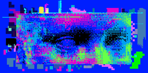 Pixelated silhouette of eyes in neon colors. Conceptual vector illustration about human in the age of technology. 