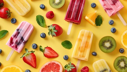 A colorful assortment of fruit and ice cream on a yellow background by AI generated image