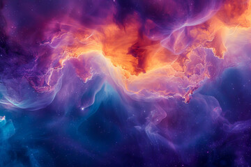 A colorful space scene with a purple and blue cloud and a yellow cloud - obrazy, fototapety, plakaty