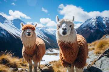 Fototapeta premium Two llamas standing on a snowy mountain