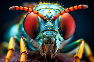 A close up of a blue and red bug with red eyes - Powered by Adobe