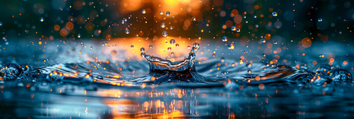 Magical Water Splash at Twilight: Sparkling Drops in Orange and Blue Hues - obrazy, fototapety, plakaty