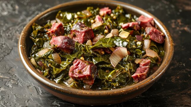 Rustic top view of tender collard greens enriched with smoked meat, delicately seasoned with onions, presented on an isolated backdrop