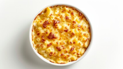 Rich and creamy macaroni and cheese from above, cheese bubbling and golden, crafted for food enthusiasts, isolated background