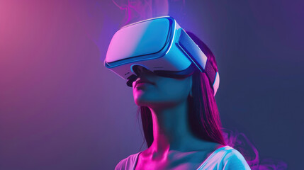 close-up beautiful female woman face model wearing vr virtual reality headset goggles and experiencing future technology immersive content