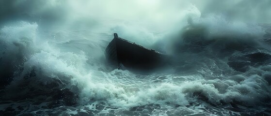 Boat tossed in rough waves and pushed around by force. Concept Adventure, Stormy Seas, Boating Mishap, Survival, Dramatic Ocean Scenes
