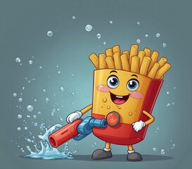 Funny fast food french fries cartoon character with water splashes illustration