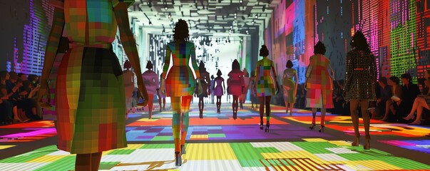 A pixelated 1960s mod fashion show with runway, models, and iconic outfits