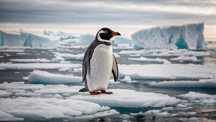 Fototapeta premium Gentle Giant: A lone gentoo penguin stands on an ice floe in Antarctica, gazing out at the vast, icy landscape. The image captures the penguin's majestic presence and the beauty of the natural world.
