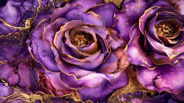 Abstract art background with purple roses and gold glitter