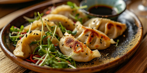 Delicious Grilled Dumplings Served on Wooden Plate with Soy Sauce and Fresh Greens